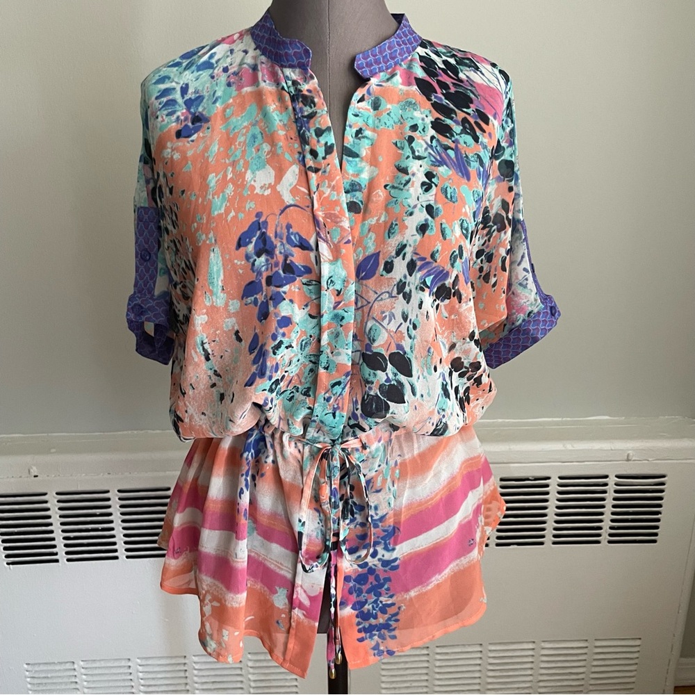 Calvin Klein multi color sheer short sleeve top with drawstring waist